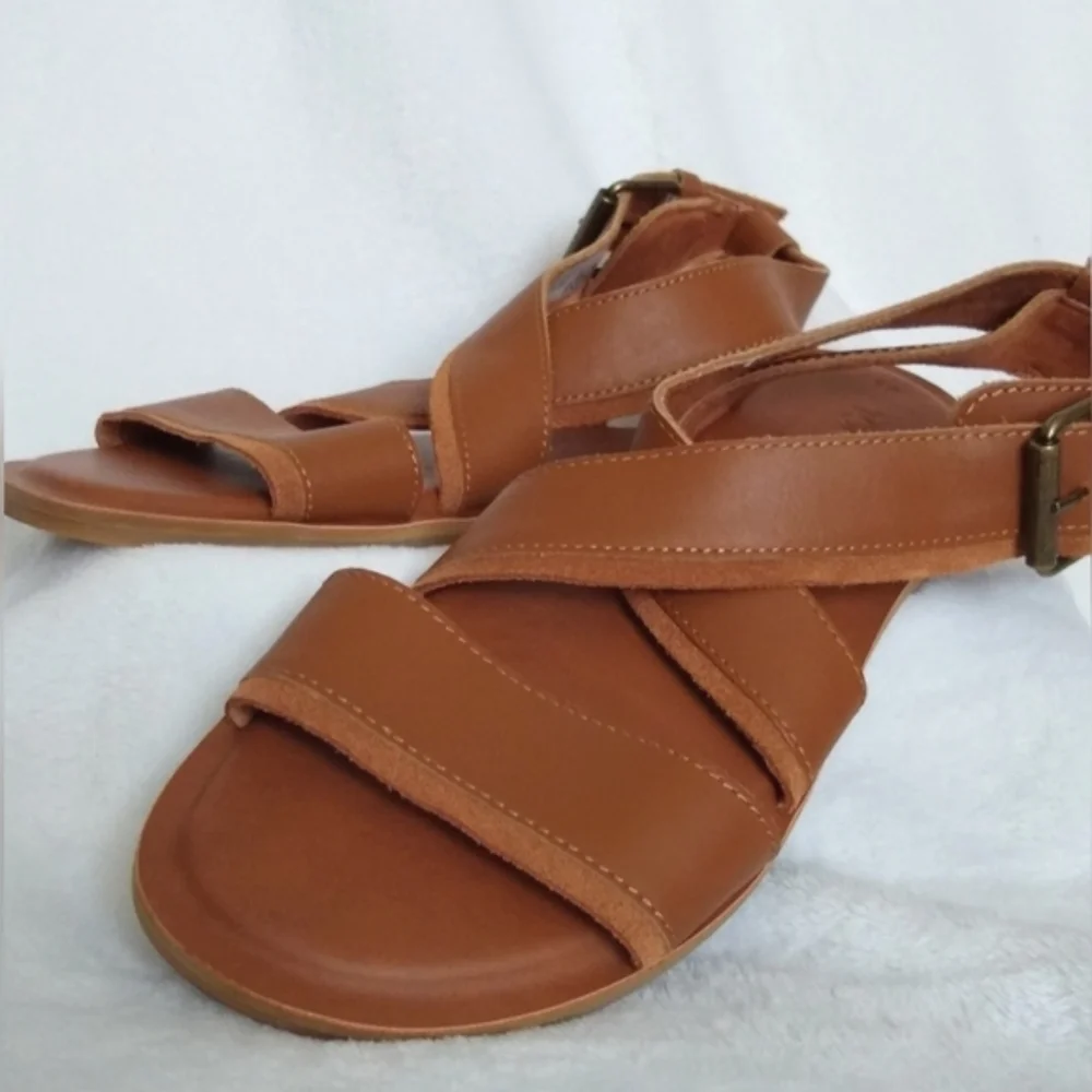 Toms Tan Leather Sandals Minimalist Flat Design Women's Sz 8 - Picture 9 of 11